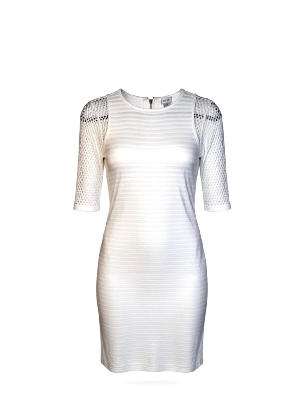 Cache White Ribbed Sheath Midi Dress | Textured Knit | Gold Zip Back